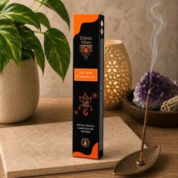 Ethnic Vibes Palo Santo & Sandeltr� h�ndrullede r�gelsespinde p� spirituelt alter med ametyst, lanterne og gr�nne planter.
