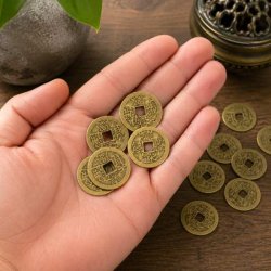 Feng Shui lykkem�nter holdt i h�nden med fokus p� de traditionelle kinesiske symboler.