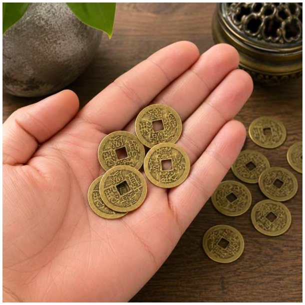 Feng Shui lykkem�nter holdt i h�nden med fokus p� de traditionelle kinesiske symboler.