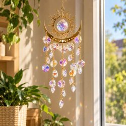 Feng Shui solfanger med gylden sol og m�ne samt facetslebet regnbueglas i et lyst vindue med gr�nne planter