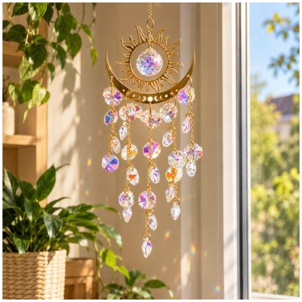 Feng Shui solfanger med gylden sol og m�ne samt facetslebet regnbueglas i et lyst vindue med gr�nne planter