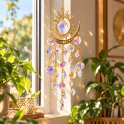 Feng Shui solfanger med sol, halvm�ne og facetslebet regnbueglas, der reflekterer sollyset i hjemmet