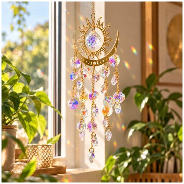 Feng Shui solfanger med sol, halvm�ne og facetslebet regnbueglas, der reflekterer sollyset i hjemmet
