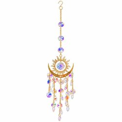 Feng Shui solfanger med gylden sol og halvm�ne, facetslebet regnbueglas og oph�ngskrog, 40 cm
