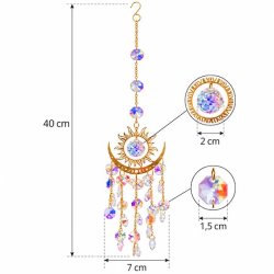 Feng Shui solfanger i gyldent metal med sol, halvm�ne og facetslebet regnbueglas &ndash; m�langivelse med totall�ngde 40 cm, m�nebredde 7 cm og glasdele p� 2 cm og 1,5 cm.
