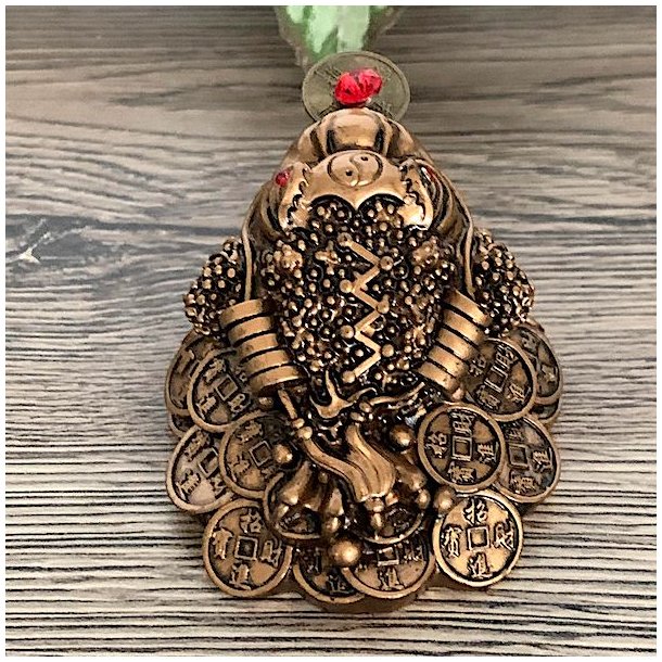 Bronzefarvet Lykkefr med Lykkemnt, Tiltrk Held og Lykke,  Ml 5 x 3,5 cm