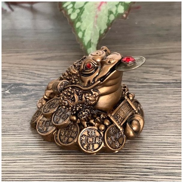 Bronzefarvet Lykkefr med Lykkemnt, Tiltrk Held og Lykke,  Ml 5 x 3,5 cm