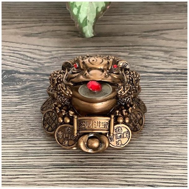 Bronzefarvet Lykkefr med Lykkemnt, Tiltrk Held og Lykke,  Ml 5 x 3,5 cm