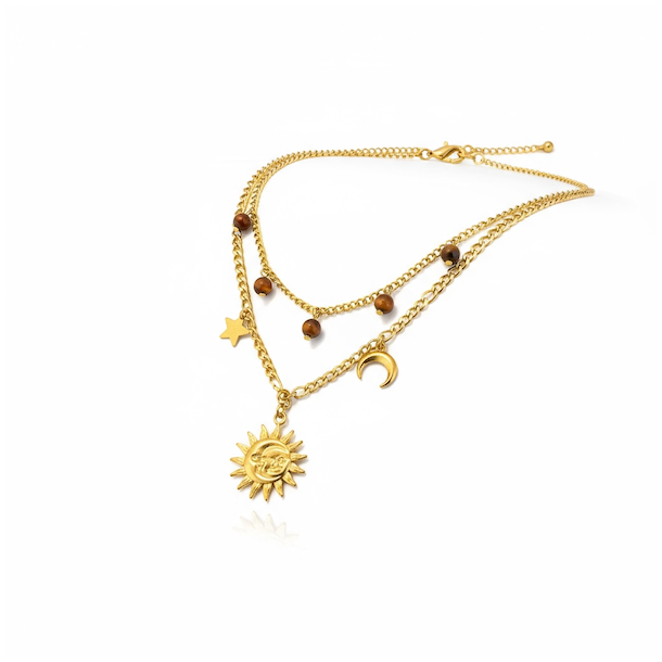 Forgyldt dobbeltkde med sol, mne, stjerne &amp; tigerje - Kosmisk smykke
