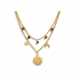 Forgyldt dobbeltkde med sol, mne, stjerne &amp; tigerje - Kosmisk smykke