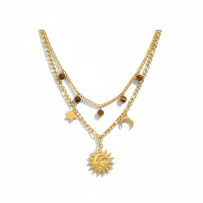 Forgyldt dobbeltkde med sol, mne, stjerne & tigerje - Kosmisk smykke