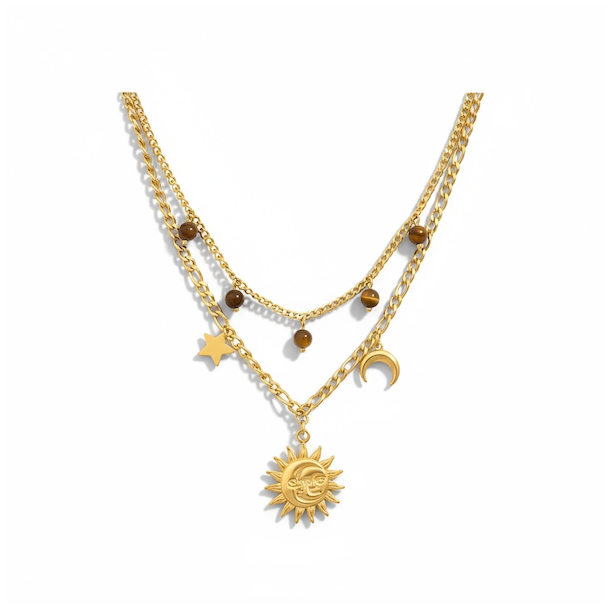 Forgyldt dobbeltkde med sol, mne, stjerne &amp; tigerje - Kosmisk smykke