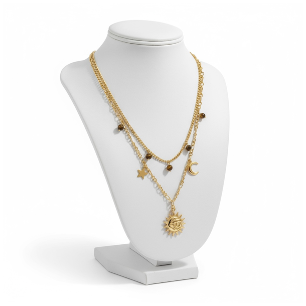 Forgyldt dobbeltkde med sol, mne, stjerne &amp; tigerje - Kosmisk smykke