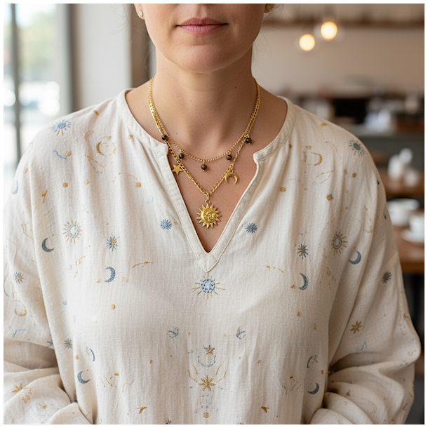 Forgyldt dobbeltkde med sol, mne, stjerne &amp; tigerje - Kosmisk smykke