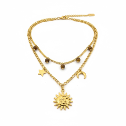Forgyldt dobbeltkde med sol, mne, stjerne &amp; tigerje - Kosmisk smykke