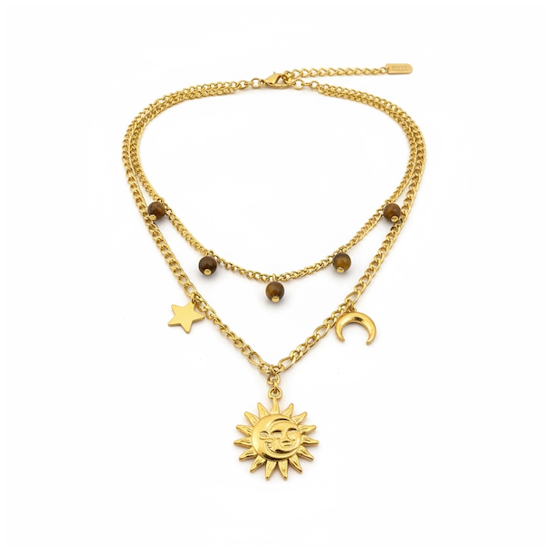 Forgyldt dobbeltkde med sol, mne, stjerne &amp; tigerje - Kosmisk smykke