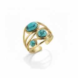 Forgyldt justerbar ring med tre bl� howlit-sten i elegant organisk design