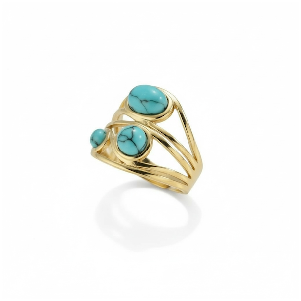 Forgyldt justerbar ring med tre bl� howlit-sten i elegant organisk design