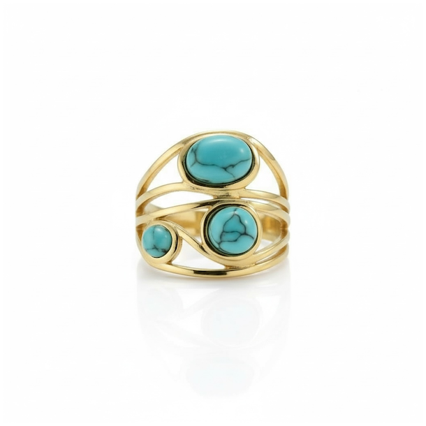 Forgyldt justerbar ring med tre bl� howlit-sten i elegant organisk design