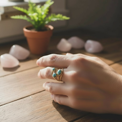 Forgyldt justerbar ring med tre bl� howlit-sten i elegant organisk design