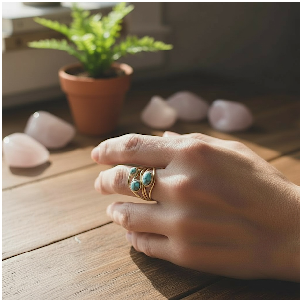 Forgyldt justerbar ring med tre bl� howlit-sten i elegant organisk design