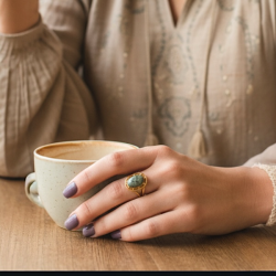 Forgyldt justerbar ring i st�l med oval gr�n serpentin � spirituelt symbol p� balance