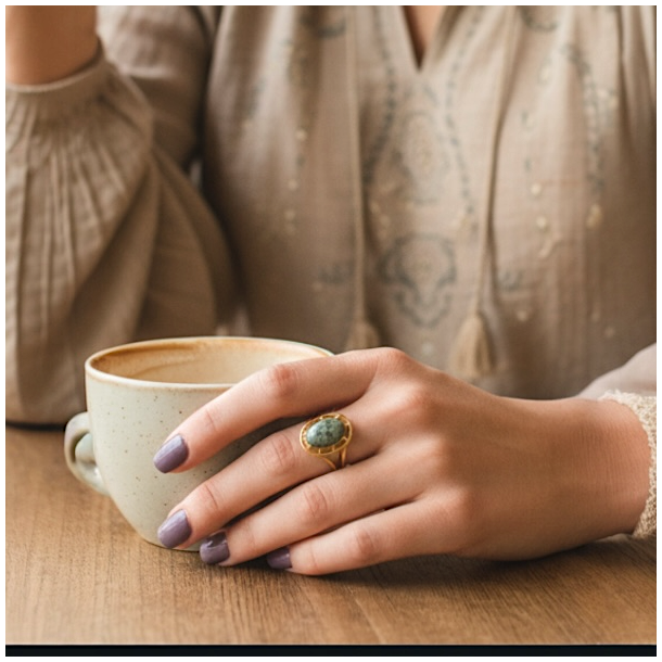 Forgyldt justerbar ring i stl med oval grn serpentin  spirituelt symbol p balance