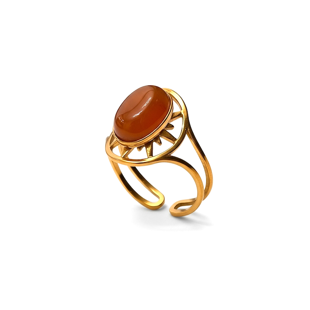 Forgyldt justerbar ring i st�l med oval karneol � symbol p� styrke og passion