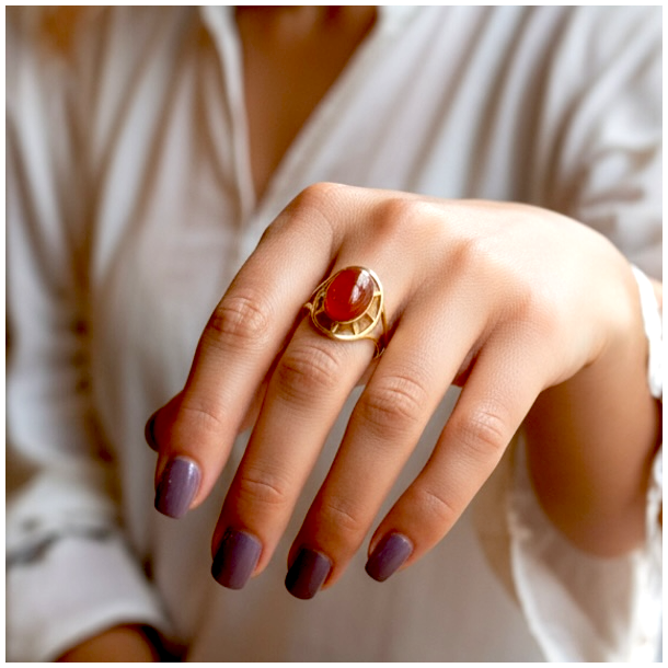 Forgyldt justerbar ring i st�l med oval karneol � symbol p� styrke og passion