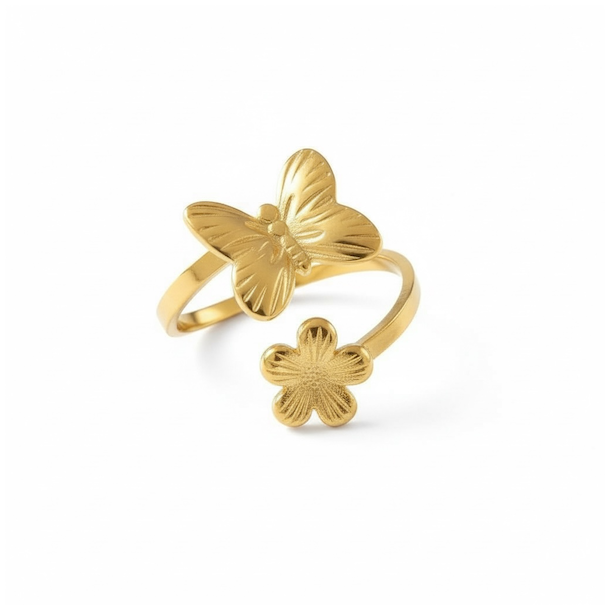 Forgyldt justerbar spirituel ring med sommerfugl og blomst i rustfrit st�l