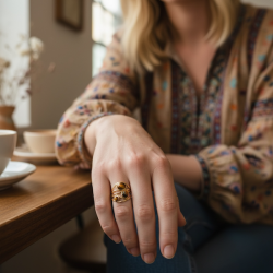 Justerbar forgyldt ring i st�l med tre tiger�je-sten i elegant organisk design