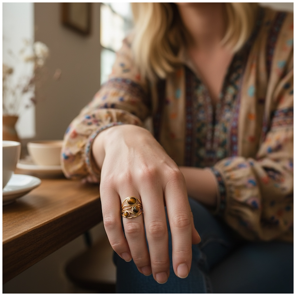 Justerbar forgyldt ring i st�l med tre tiger�je-sten i elegant organisk design