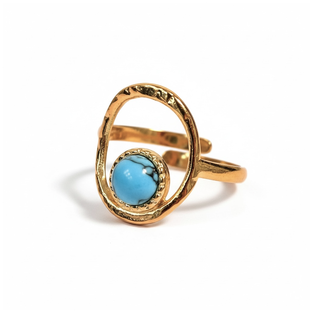 Forgyldt justerbar ring i st�l med rund bl� howlit og organisk cirkeldesign