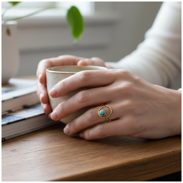 Forgyldt justerbar ring i st�l med rund bl� howlit og organisk cirkeldesign