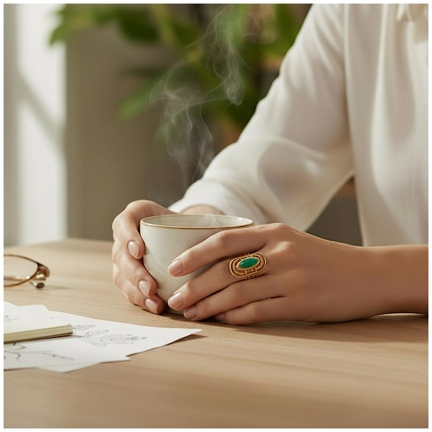 Elegant forgyldt ring med gr�n aventurin � harmoni &amp; hjerteenergi