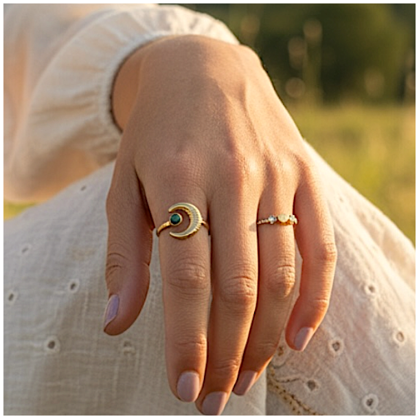 Justerbar Forgyldt Ring med M�ne og Howlit � M�nekraft