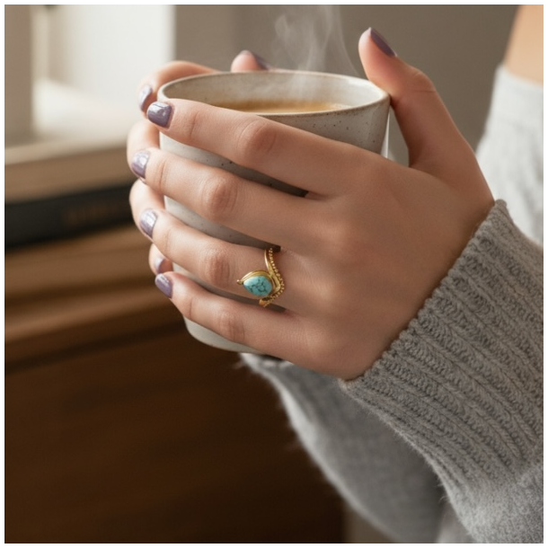 Smuk forgyldt st�lring med bl� howlit � justerbar spirituel ring i dr�beform