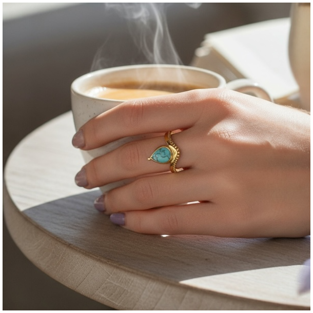 Smuk forgyldt st�lring med bl� howlit � justerbar spirituel ring i dr�beform