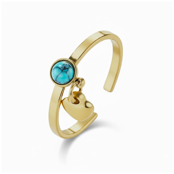 Smuk forgyldt st�lring med bl� howlit og hjerte � justerbar spirituel ring