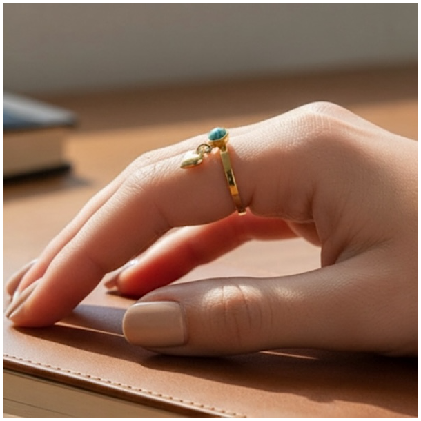 Smuk forgyldt stlring med bl howlit og hjerte  justerbar spirituel ring