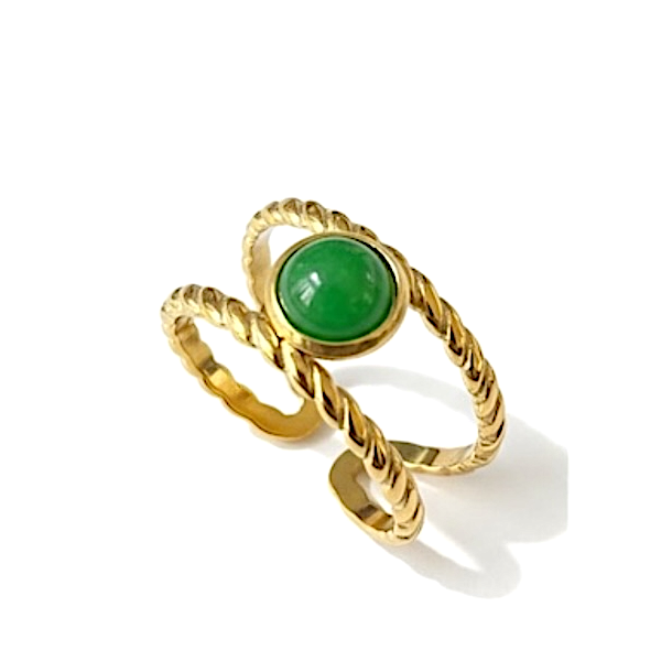 Smuk spirituel forgyldt st�lring med gr�n aventurin � justerbar og elegant