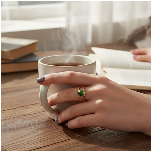 Smuk spirituel forgyldt st�lring med gr�n aventurin � justerbar og elegant