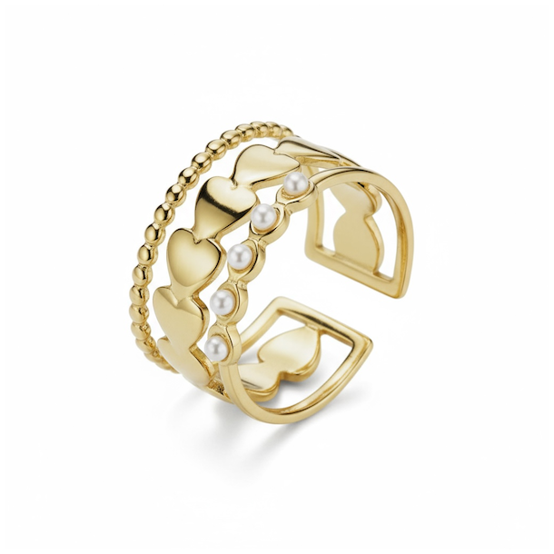 Justerbar forgyldt st�lring med hjerter og sm� kunstperler � elegant og feminin