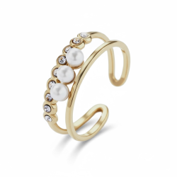 Smuk forgyldt st�lring med kunstperler og rhinsten � justerbar feminin ring