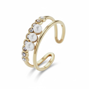 Smuk forgyldt st�lring med kunstperler og rhinsten � justerbar feminin ring