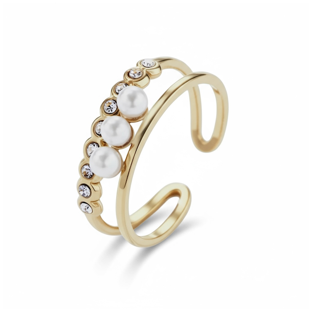 Smuk forgyldt st�lring med kunstperler og rhinsten � justerbar feminin ring