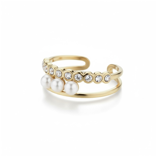 Smuk forgyldt st�lring med kunstperler og rhinsten � justerbar feminin ring