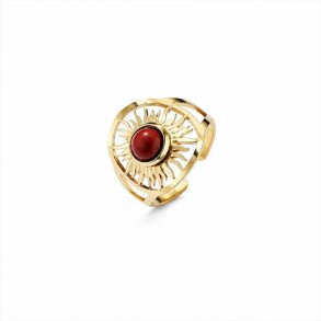 Forgyldt Justerbar Ring med Sol og R�d Jaspis � Varme & Kraft