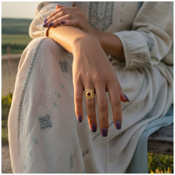 Forgyldt Justerbar Ring med Sol og R�d Jaspis � Varme &amp; Kraft