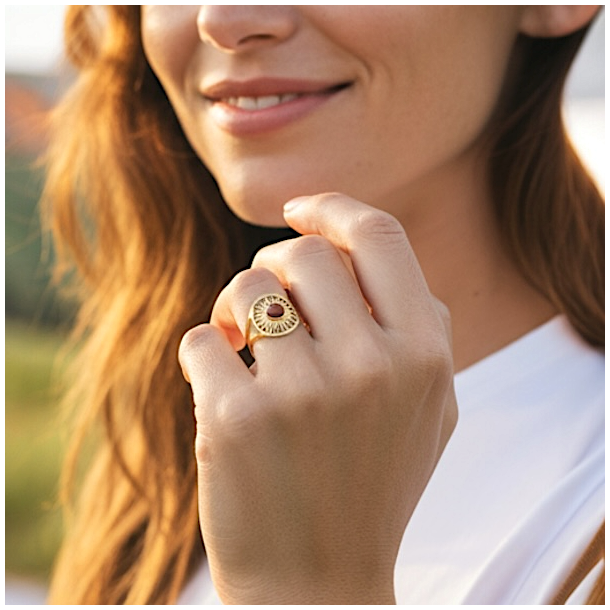 Forgyldt Justerbar Ring med Sol og R�d Jaspis � Varme &amp; Kraft
